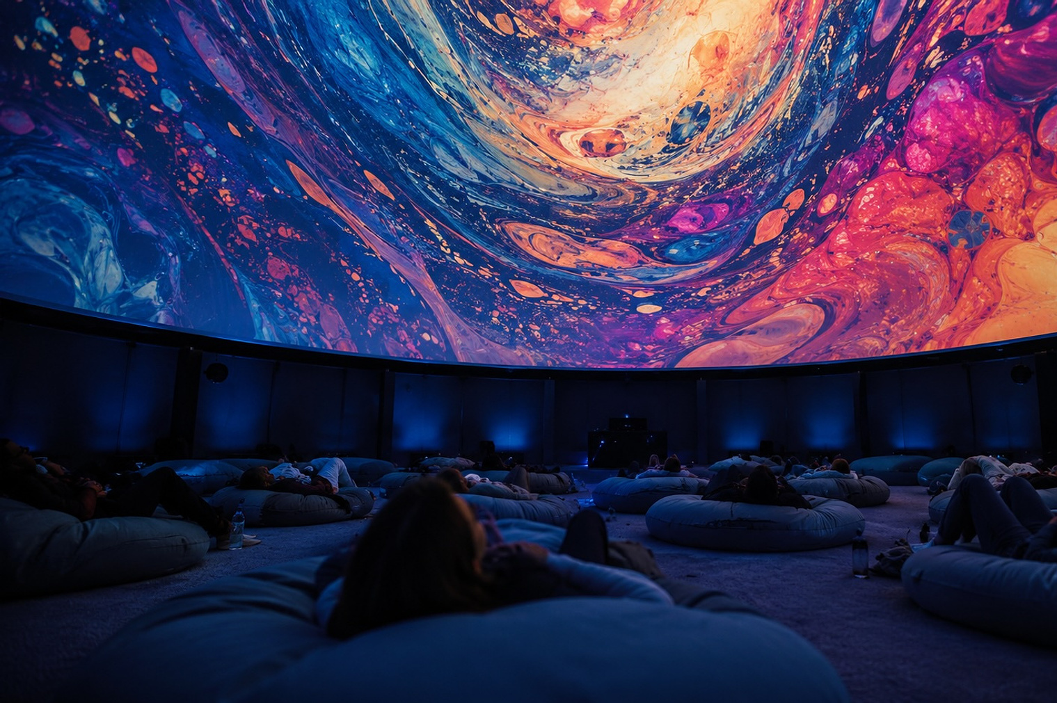 Visitors reclining in a planetarium dome under a swirling projection of colour