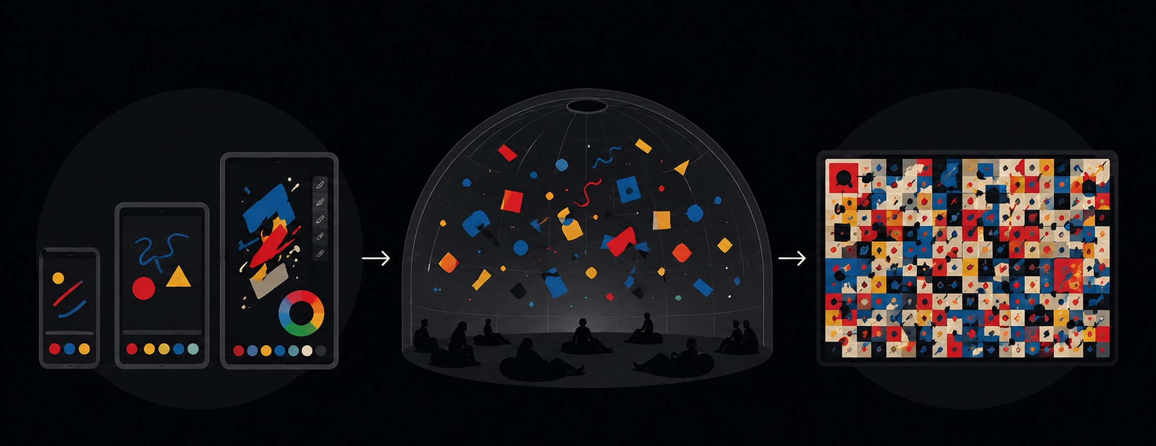 Diagram of the three stages: tiered drawing tools, the dome, and the merged collective artwork