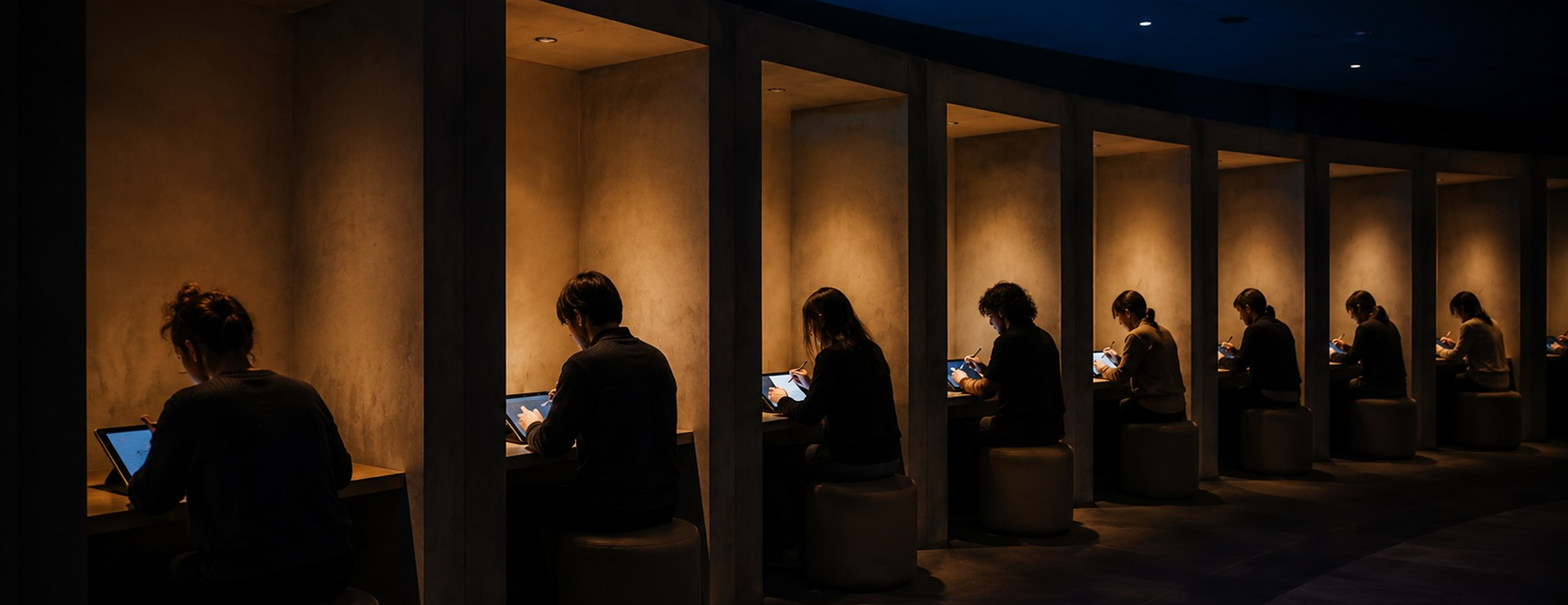A curved row of dimly lit creation pods, each with one visitor drawing on a tablet