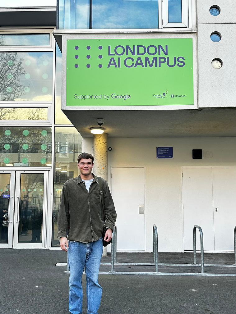 Guido Sforni outside the entrance to the London AI Campus, supported by Google