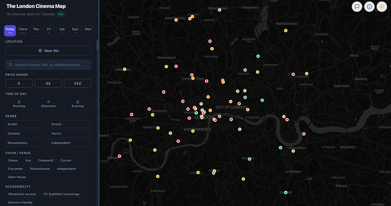 The London Cinema Map interface: filter sidebar beside a dark map of London covered in cinema pins