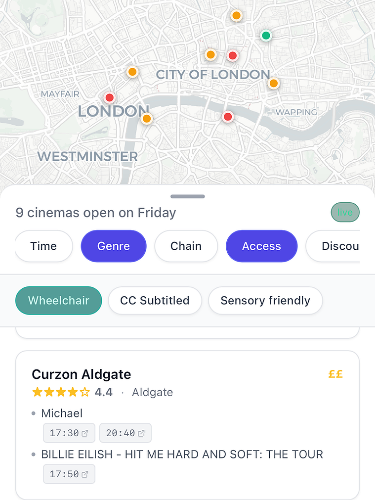 Mobile view of the app listing cinemas open on Friday with accessibility filters applied