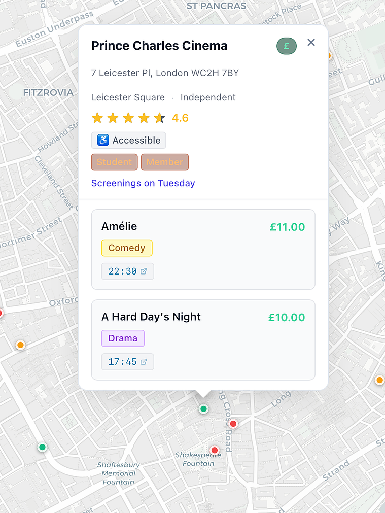 Venue detail popover for Prince Charles Cinema showing screenings, price and accessibility