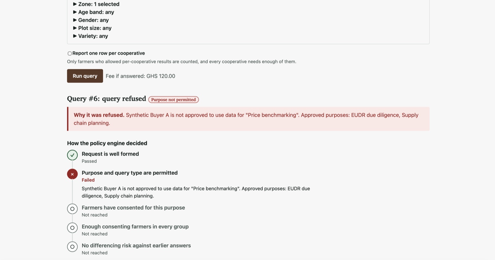 Terra Trust buyer portal showing a refused query and the policy checks, in order, that led to the refusal
